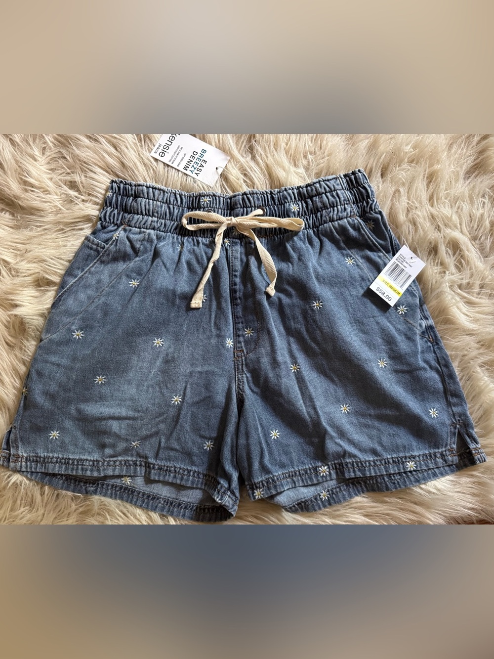 Ditsy Daisy Embroidered Drawstring Jean Shorts - Blue
